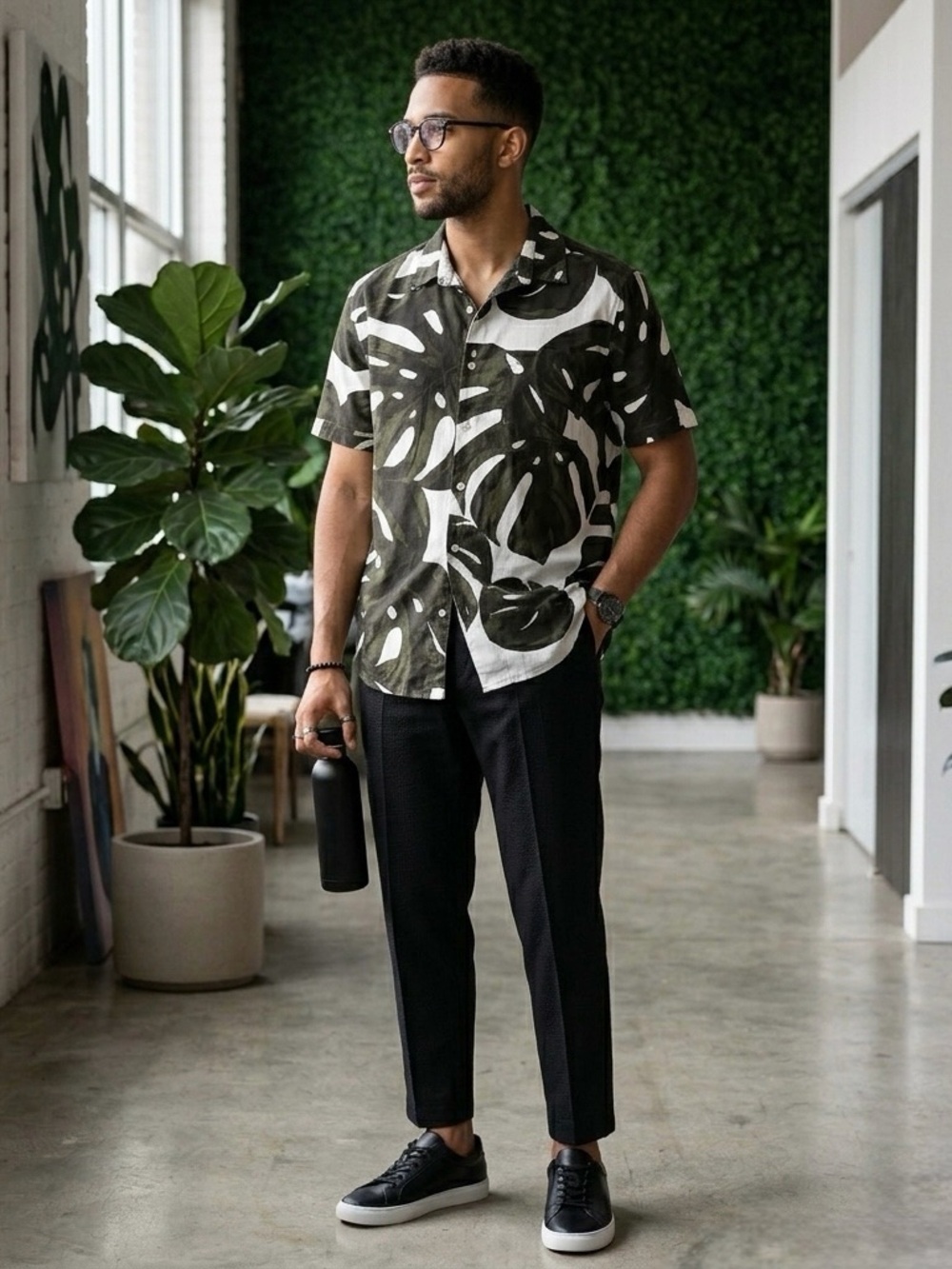 H&M Olive Green & White Tropical Button-Front Shirt